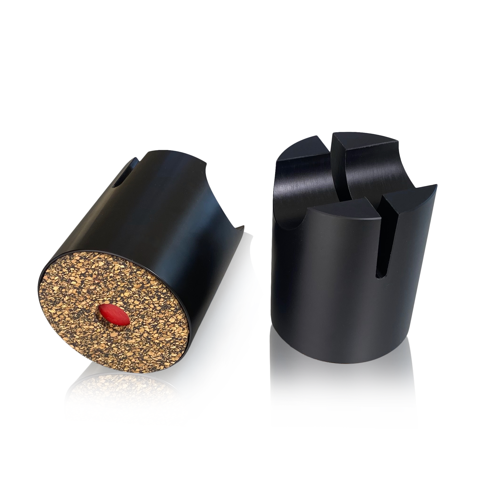 bFly-Audio TOWER-Flex Kabel-Absorber Schrägansicht, Sockel mit Kork-Dämpfer und Kabelnut