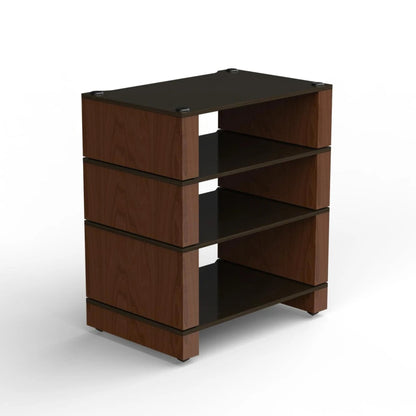 Blok Stax 2G 4-Shelf HiFi-Rack Esche Schwarz/Nussbaum, Schrägansicht von oben mit vier Ebenen