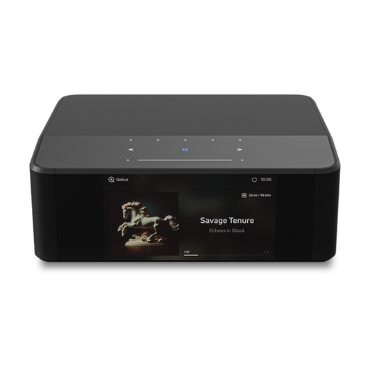 Bluesound Node Icon Netzwerk-Streamer Schrägansicht von vorne oben mit Farbdisplay