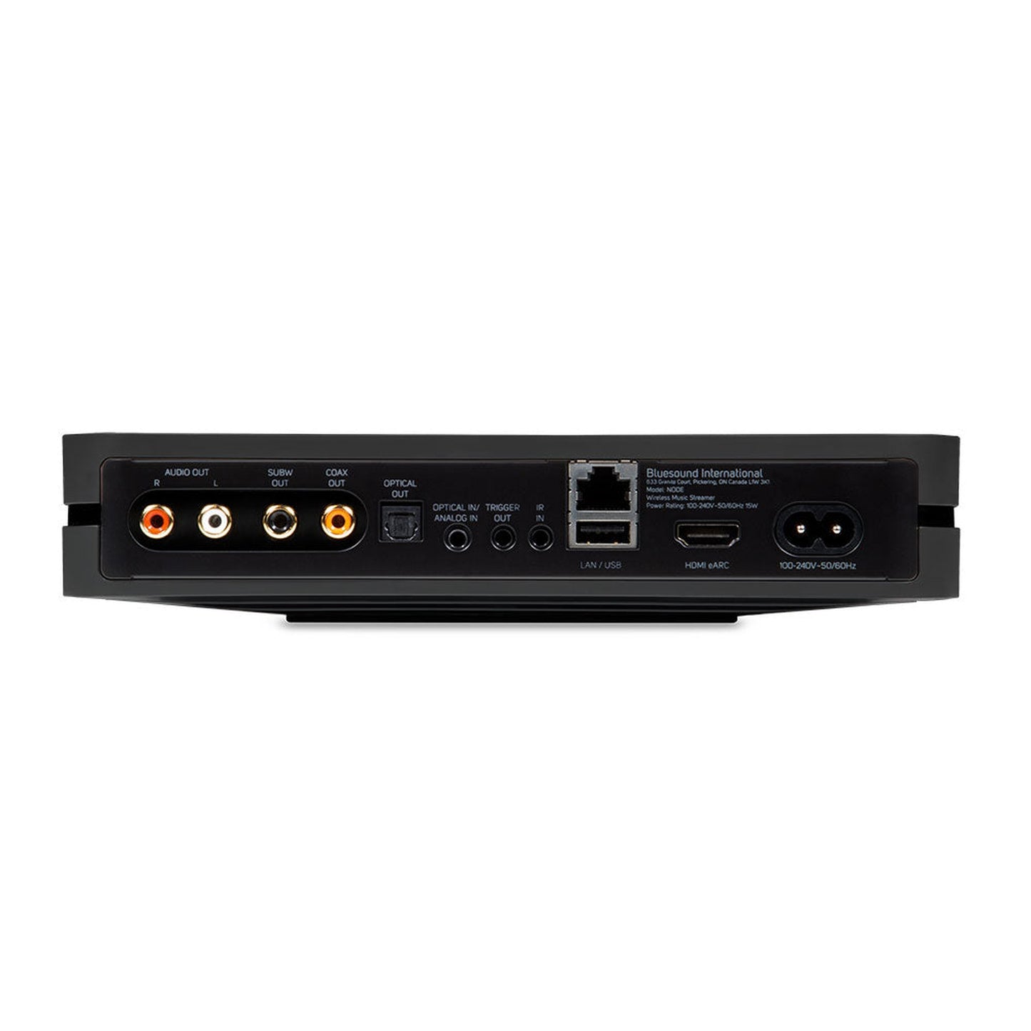 Bluesound Node Netzwerk-Streamer Schwarz Rückansicht mit Cinch, Subwoofer-Out, Koax, Optical, HDMI eARC und LAN