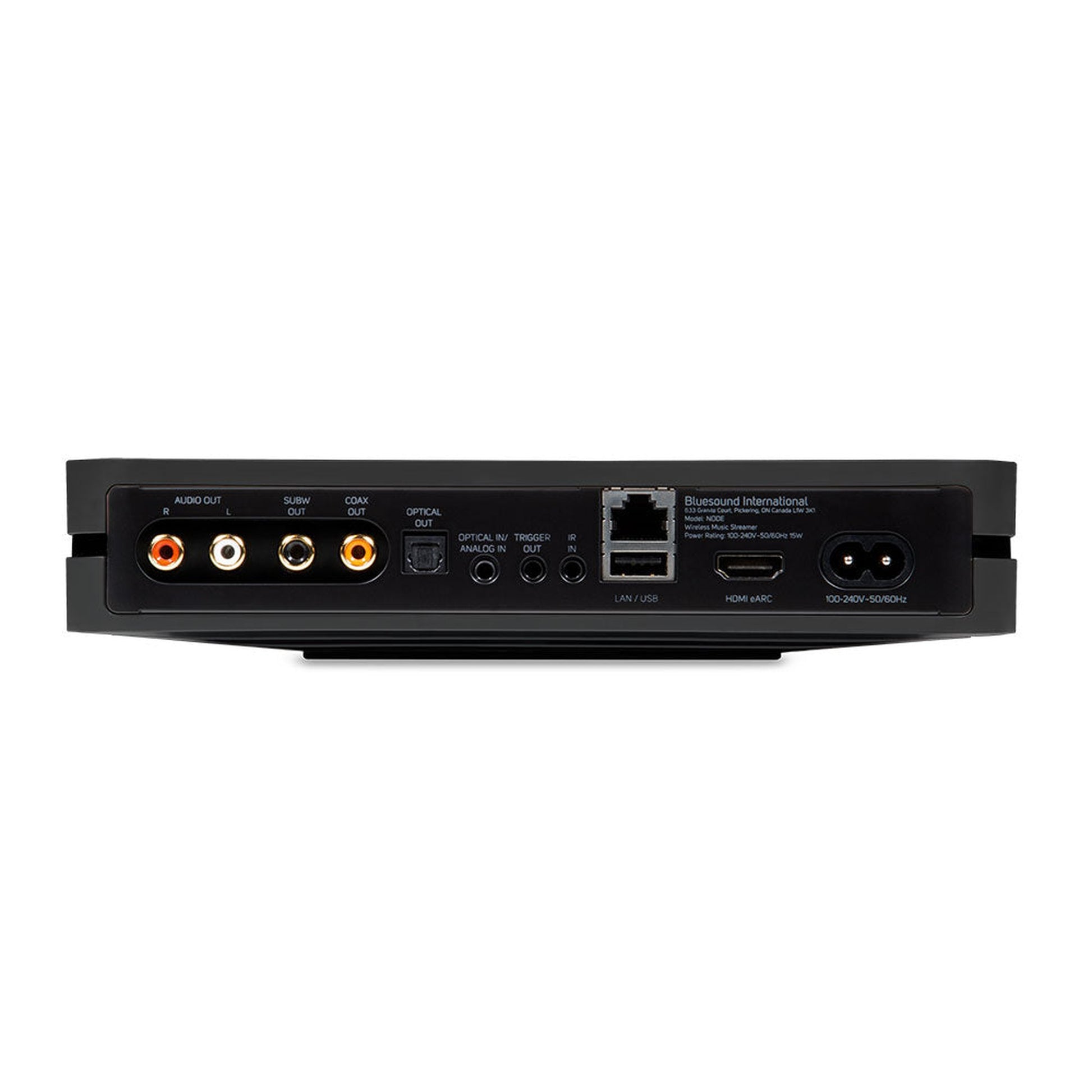 Bluesound Node Netzwerk-Streamer Schwarz Rückansicht mit Cinch, Subwoofer-Out, Koax, Optical, HDMI eARC und LAN