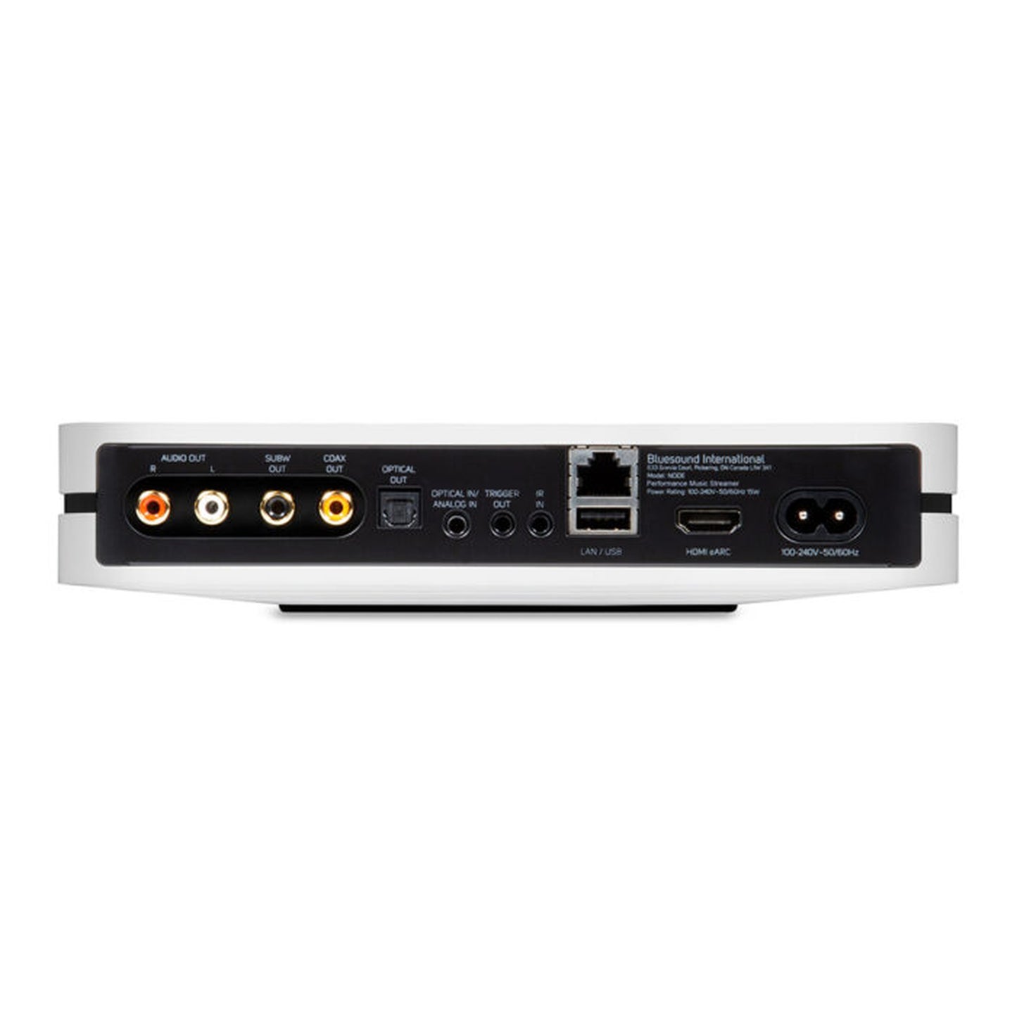Bluesound Node Netzwerk-Streamer Weiss Rückansicht mit Cinch, Subwoofer-Out, Koax, Optical, HDMI eARC und LAN
