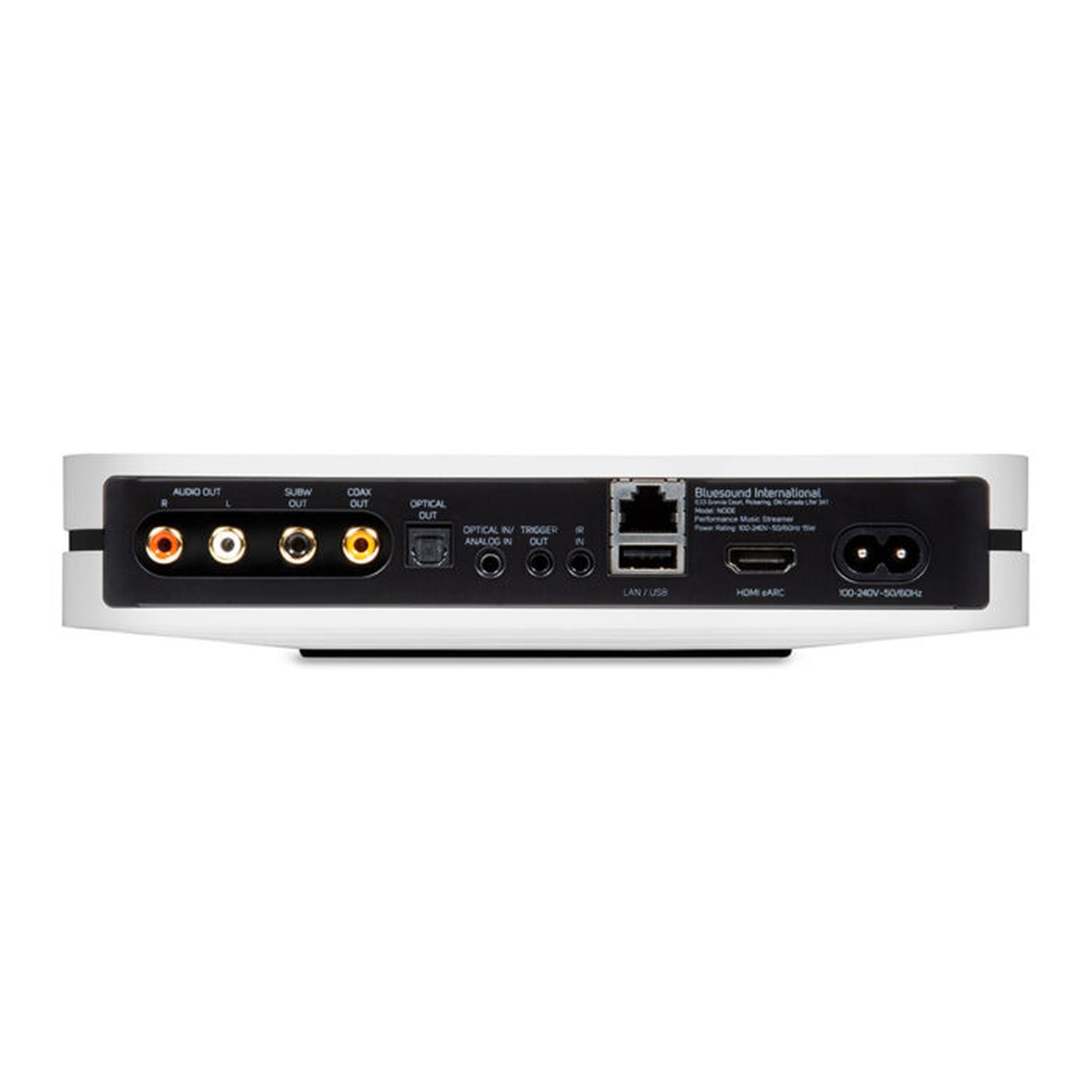 Bluesound Node Netzwerk-Streamer Weiss Rückansicht mit Cinch, Subwoofer-Out, Koax, Optical, HDMI eARC und LAN