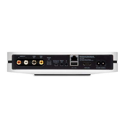 Bluesound Node Netzwerk-Streamer Weiss Rückansicht mit Cinch, Subwoofer-Out, Koax, Optical, HDMI eARC und LAN