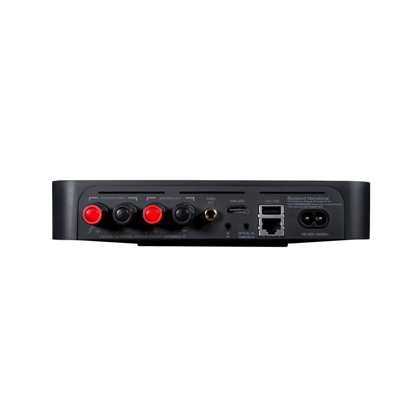 Bluesound Powernode EDGE Streaming-Verstärker Schwarz Anschlussfeld mit HDMI eARC, Subwoofer-Out, LAN und Lautsprecherklemmen