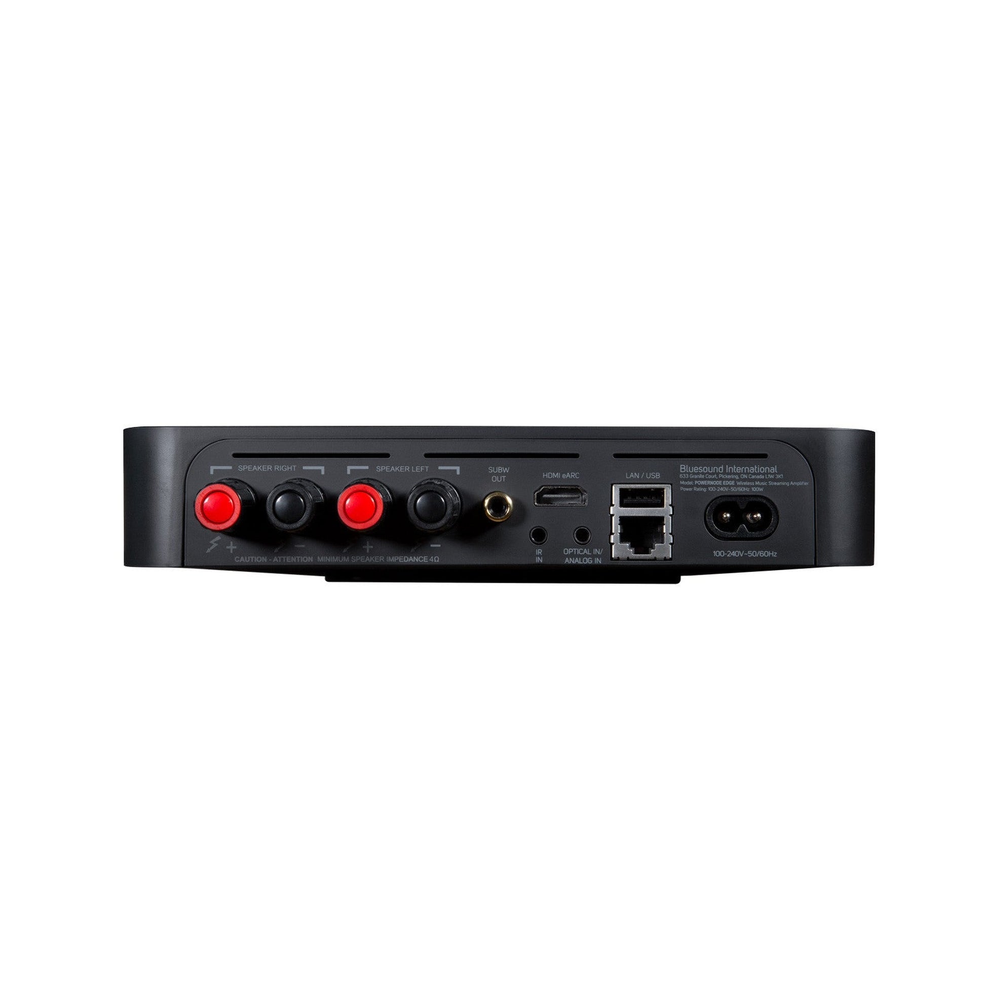 Bluesound Powernode EDGE Streaming-Verstärker Schwarz Anschlussfeld mit HDMI eARC, Subwoofer-Out, LAN und Lautsprecherklemmen