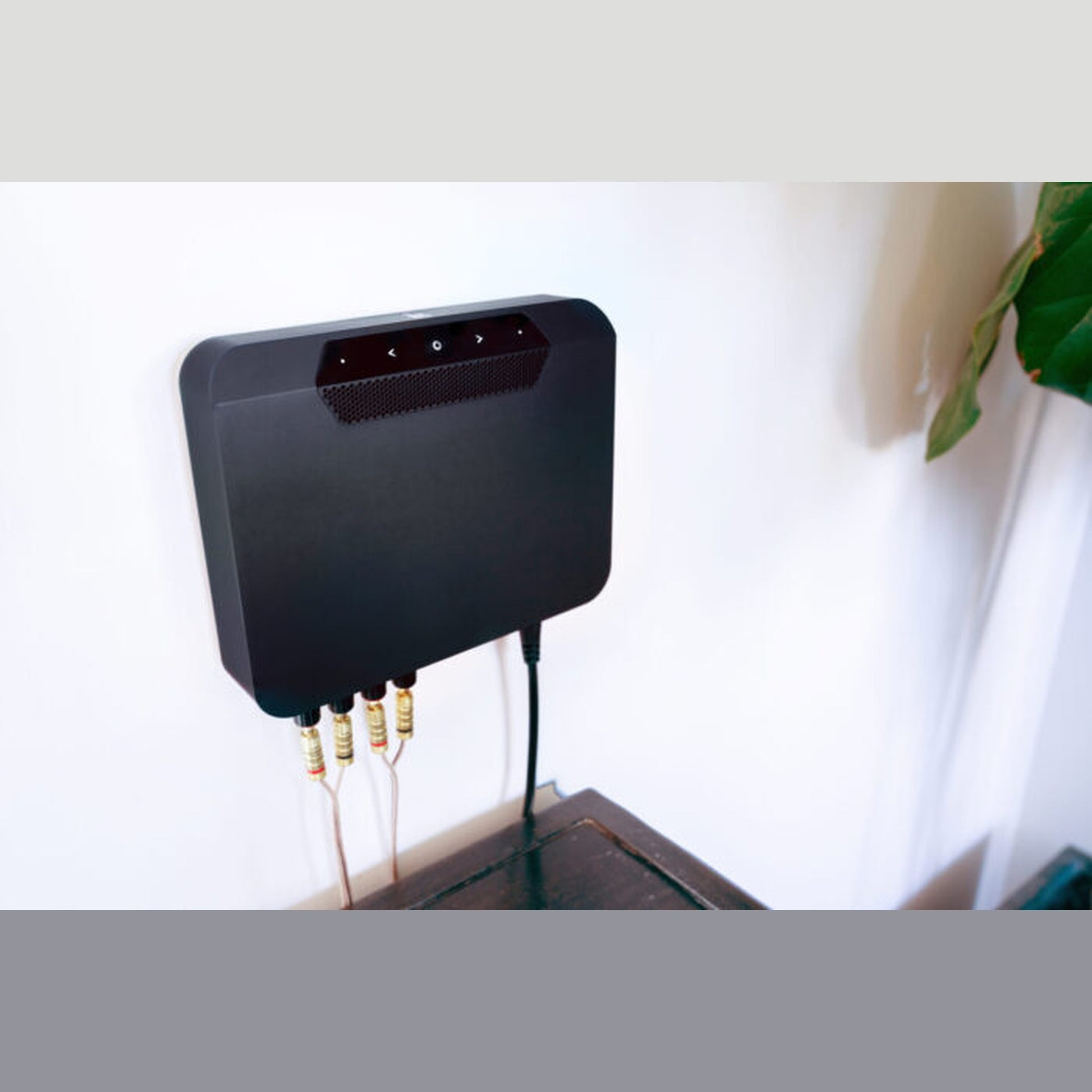 Bluesound Powernode EDGE Streaming-Verstärker Schwarz Lifestyle an der Wand montiert mit angeschlossenen Kabeln