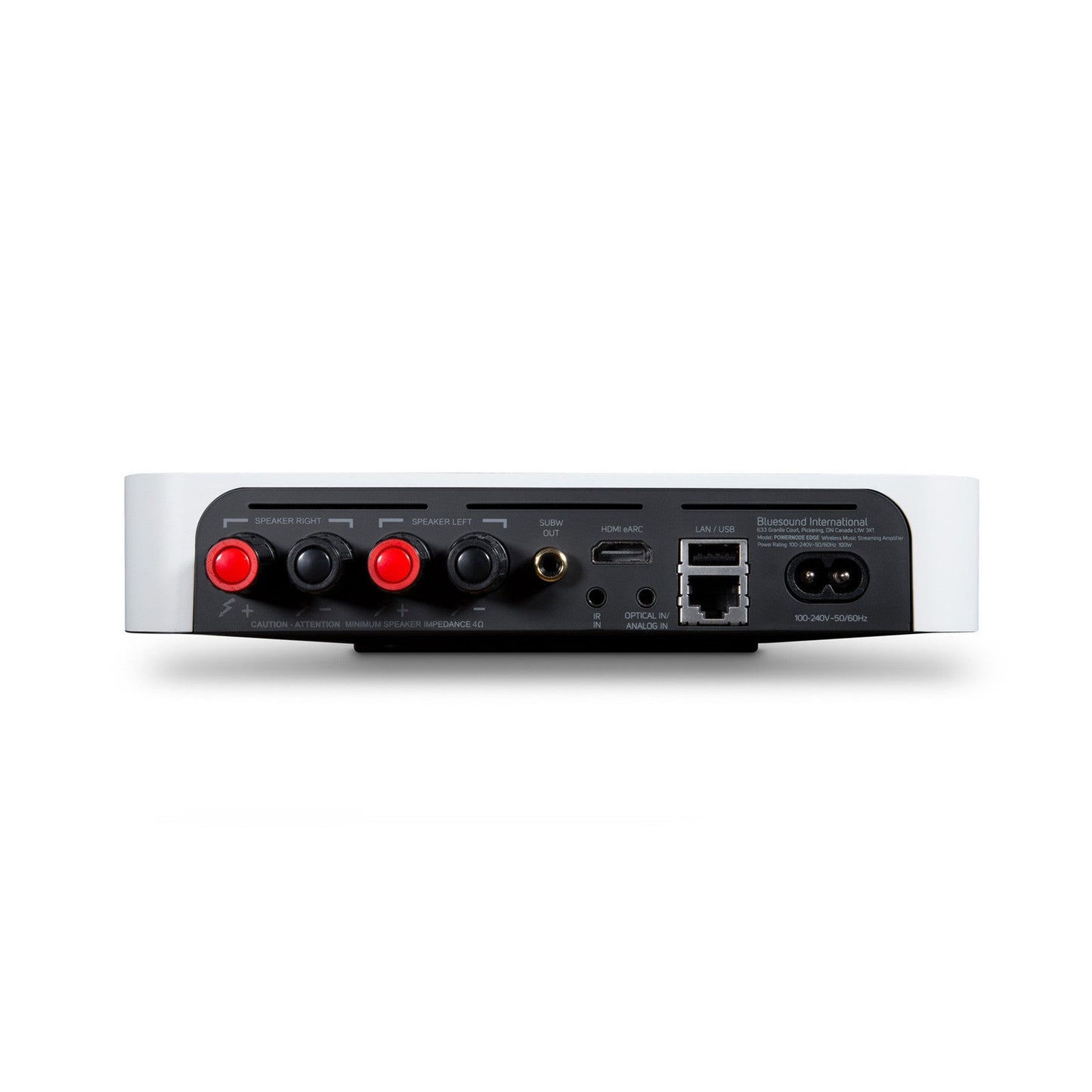 Bluesound Powernode EDGE Streaming-Verstärker Weiss Anschlussfeld mit HDMI eARC, Subwoofer-Out, LAN und Lautsprecherklemmen