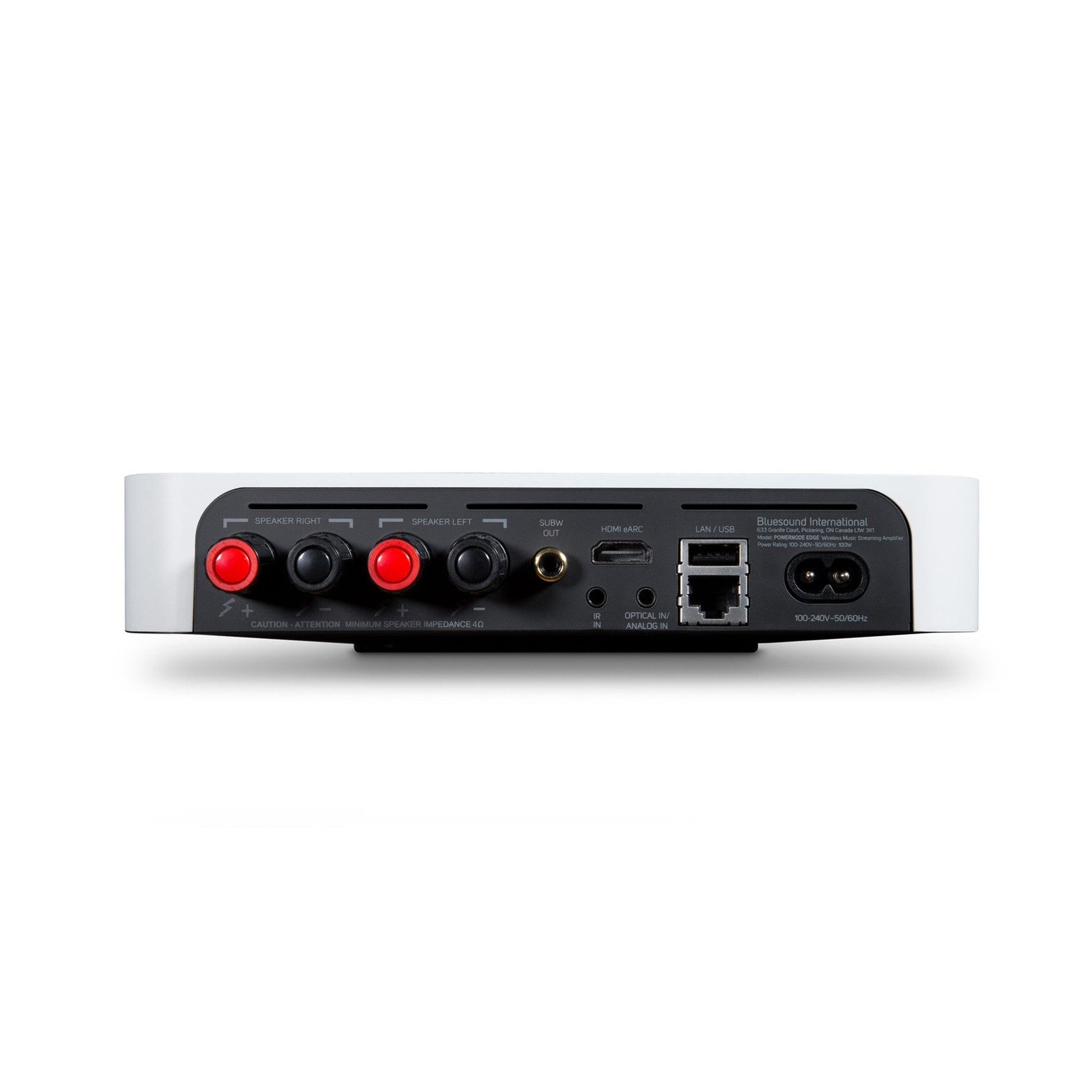 Bluesound Powernode EDGE Streaming-Verstärker Weiss Anschlussfeld mit HDMI eARC, Subwoofer-Out, LAN und Lautsprecherklemmen