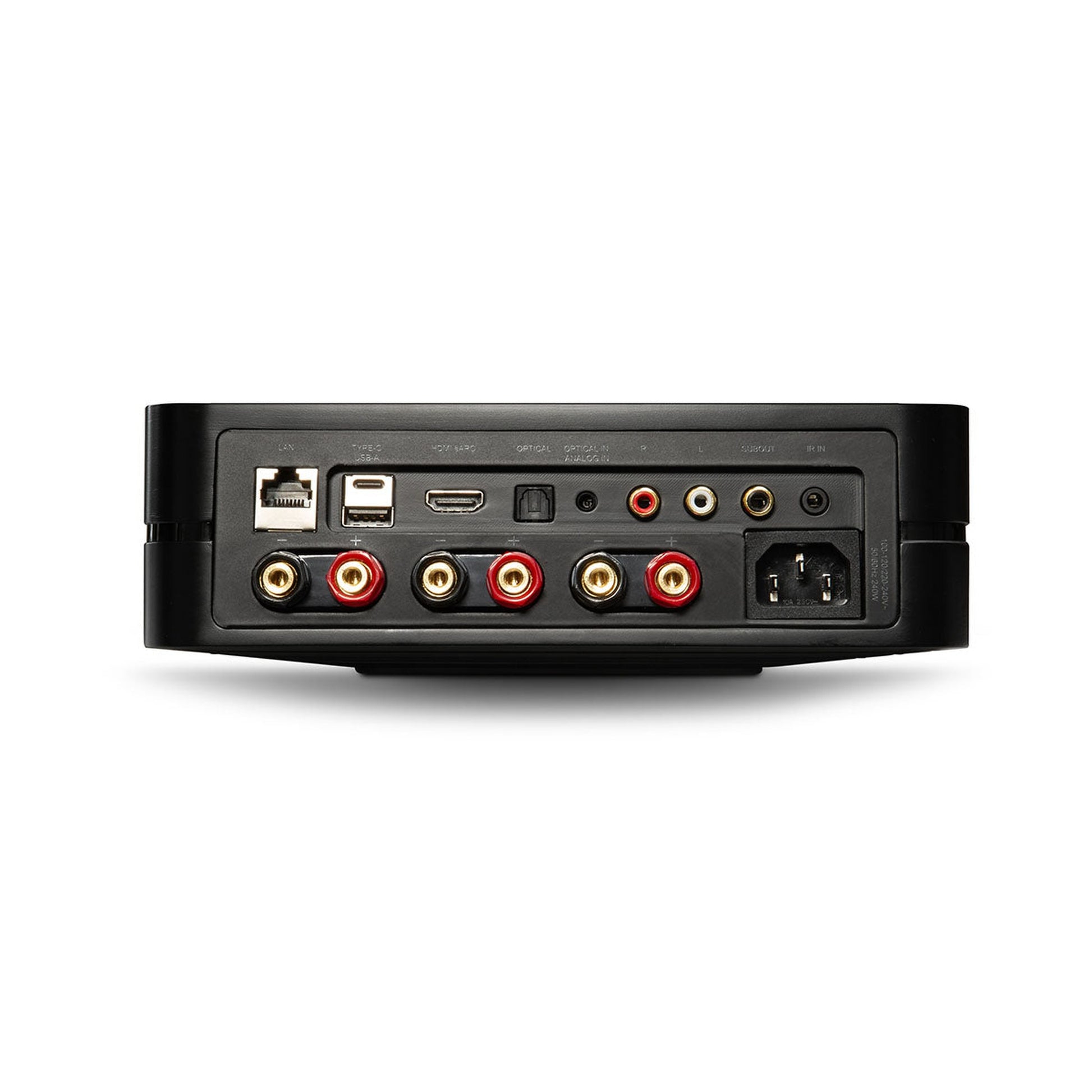 Bluesound Powernode N331 Streaming-Verstärker Schwarz Rückansicht mit HDMI eARC, Cinch, Optical, LAN und Lautsprecherklemmen