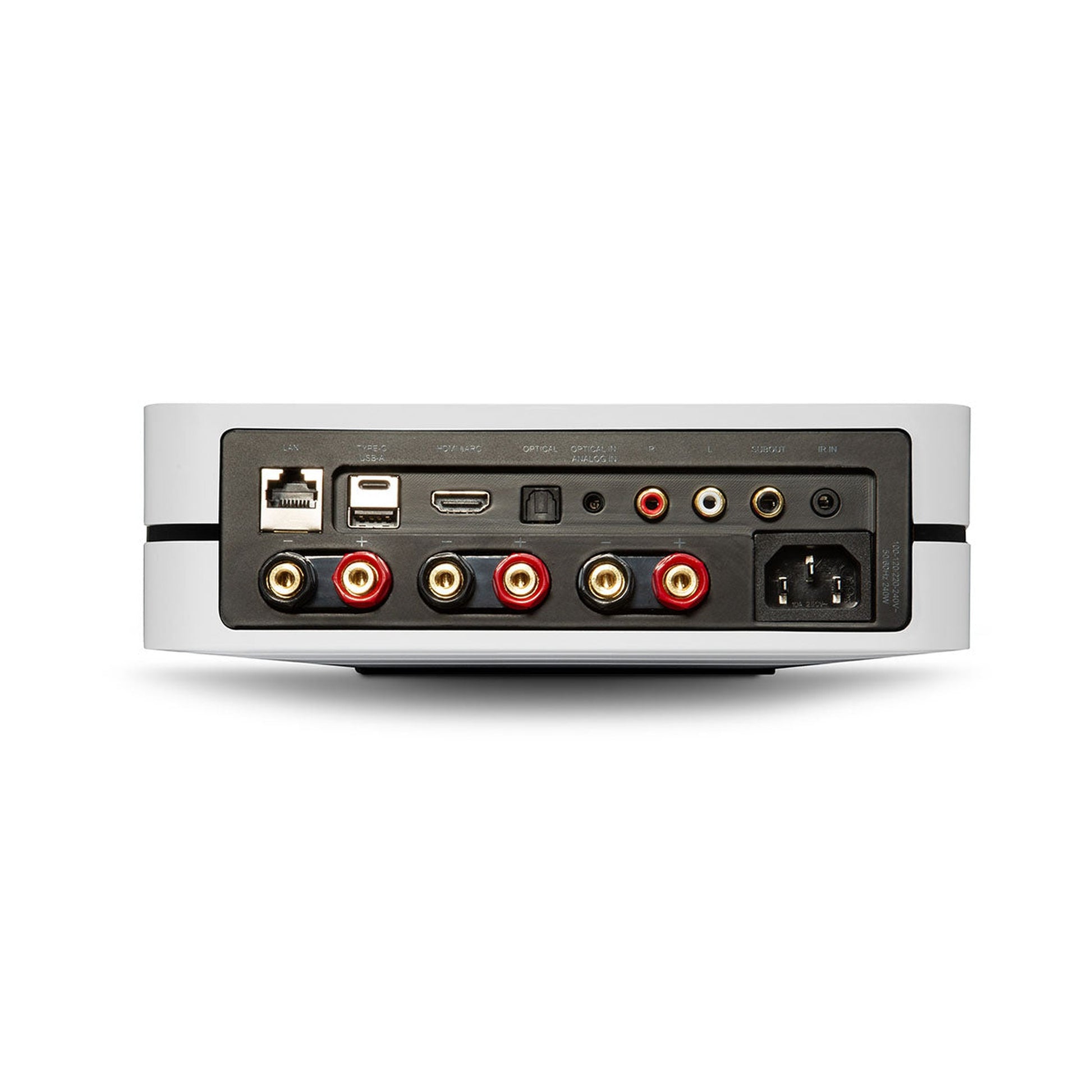 Bluesound Powernode N331 Streaming-Verstärker Weiss Rückansicht mit HDMI eARC, Cinch, Optical, LAN und Lautsprecherklemmen