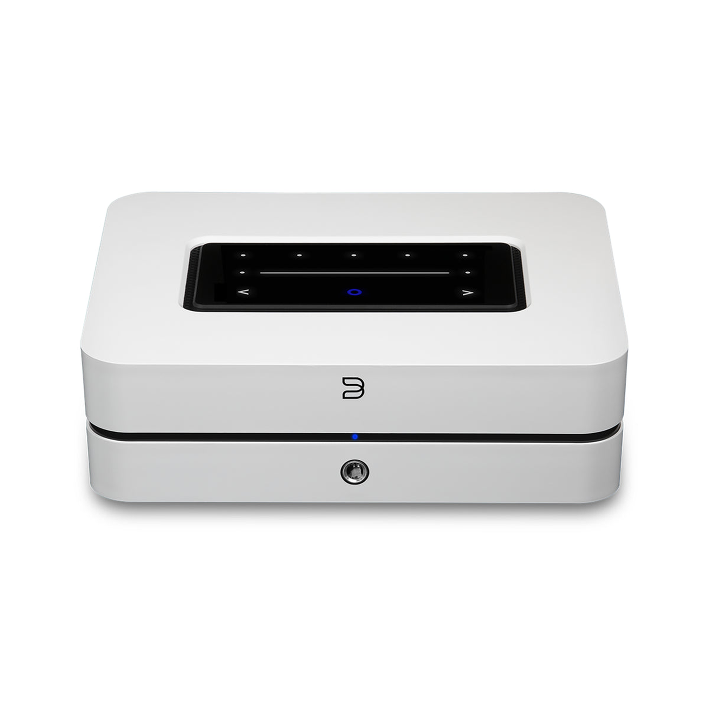 Bluesound Powernode N331 Streaming-Verstärker Weiss Schrägansicht von vorne oben auf das Touch-Bedienfeld