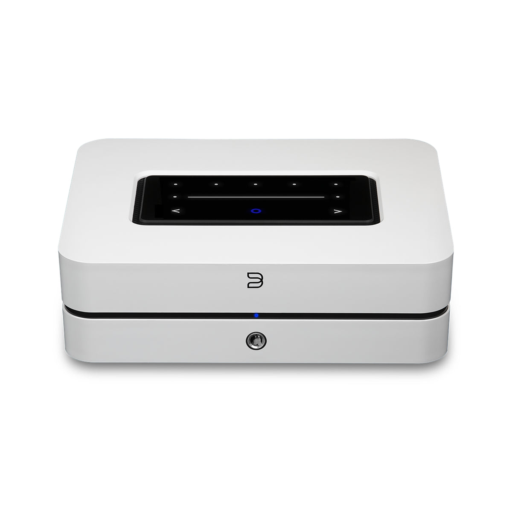 Bluesound Powernode N331 Streaming-Verstärker Weiss Schrägansicht von vorne oben auf das Touch-Bedienfeld