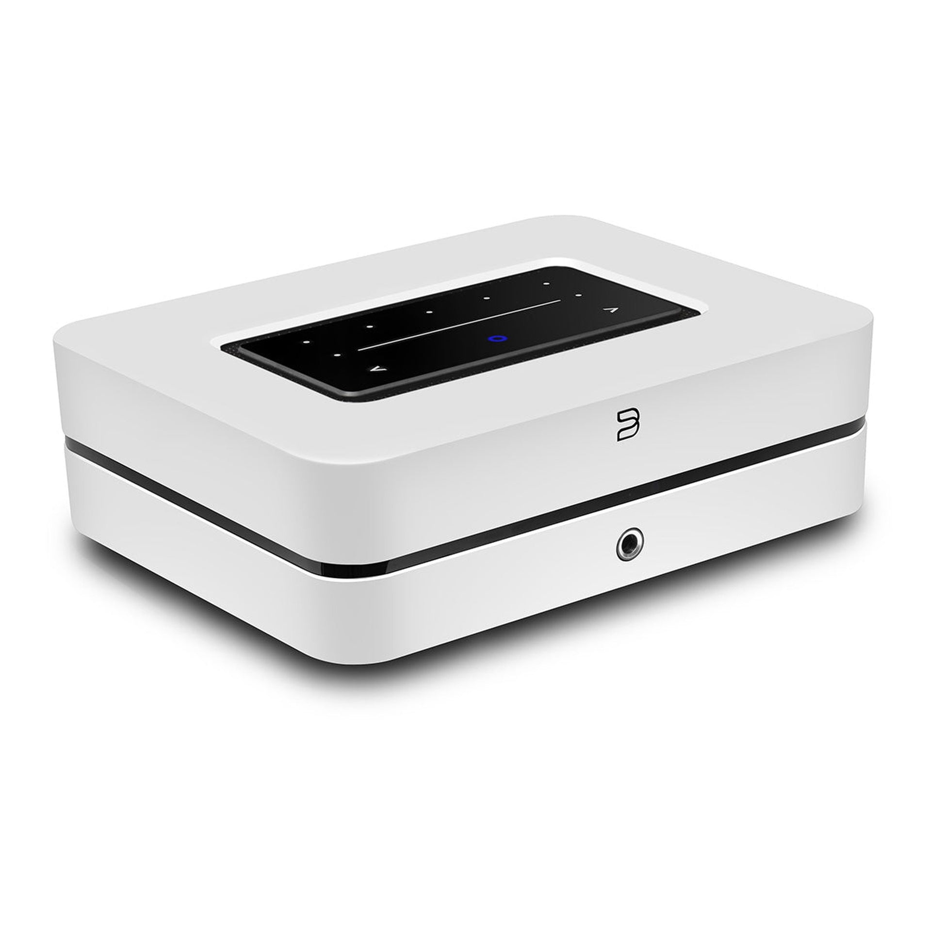 Bluesound Powernode N331 Streaming-Verstärker Weiss Schrägansicht von links oben mit Touch-Bedienfeld