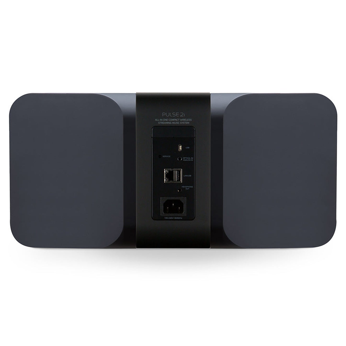 Bluesound Pulse 2i Streaming-Lautsprecher Schwarz Rückansicht mit USB, Optical, LAN, Kopfhörerausgang und Netzanschluss