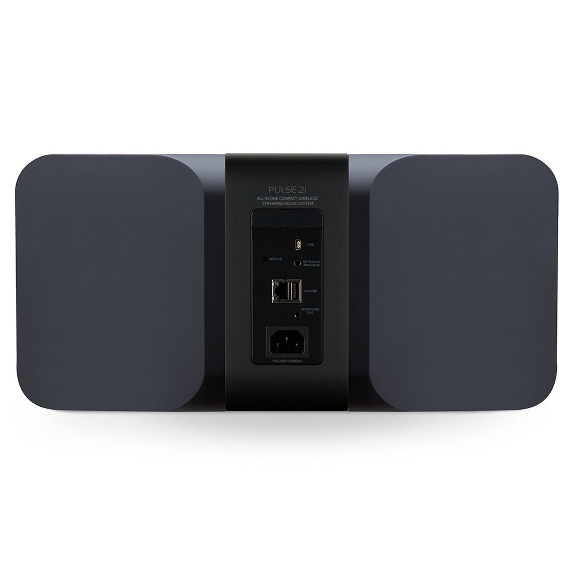 Bluesound Pulse 2i Streaming-Lautsprecher Schwarz Rückansicht mit USB, Optical, LAN, Kopfhörerausgang und Netzanschluss