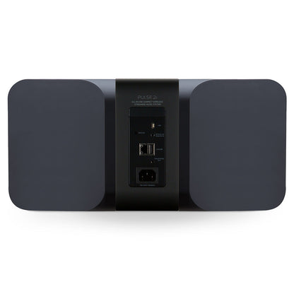 Bluesound Pulse 2i Streaming-Lautsprecher Schwarz Rückansicht mit USB, Optical, LAN, Kopfhörerausgang und Netzanschluss