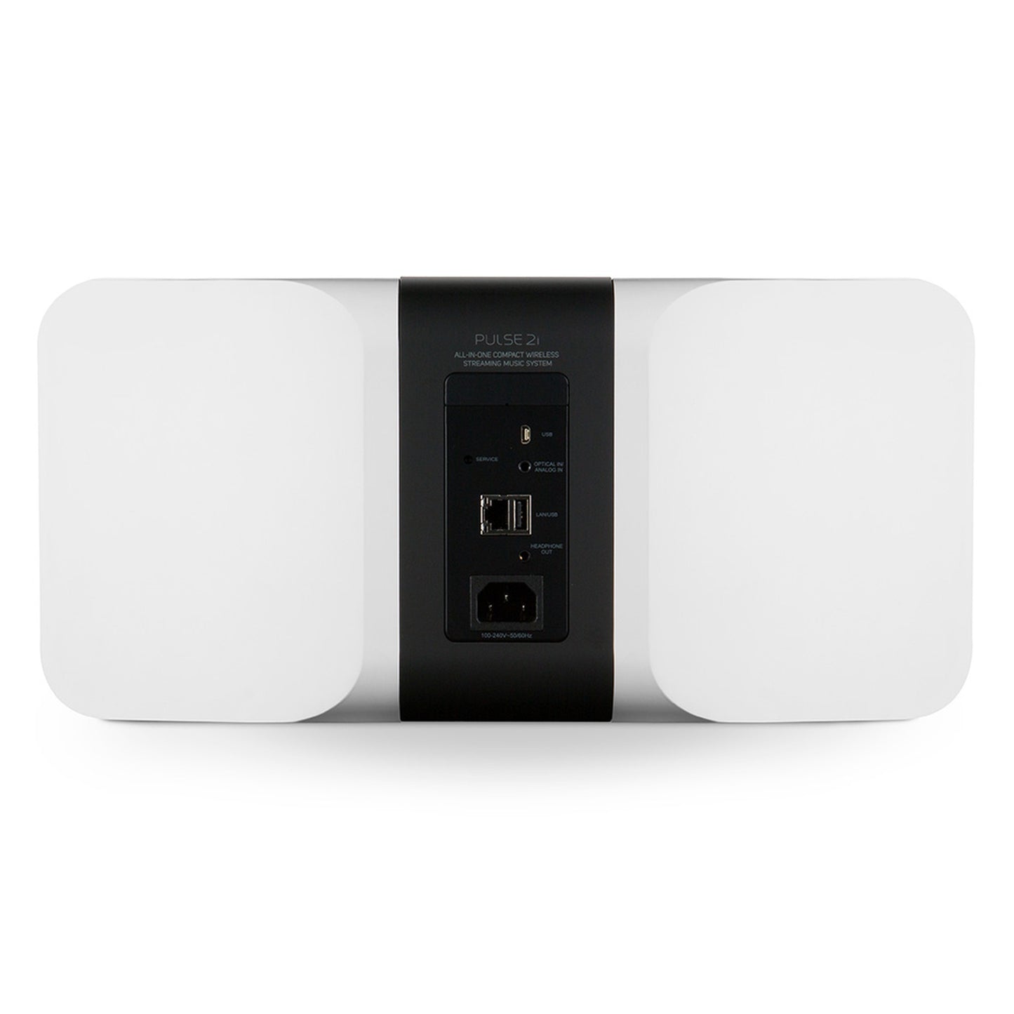 Bluesound Pulse 2i Streaming-Lautsprecher Weiss Rückansicht mit USB, Optical, LAN, Kopfhörerausgang und Netzanschluss