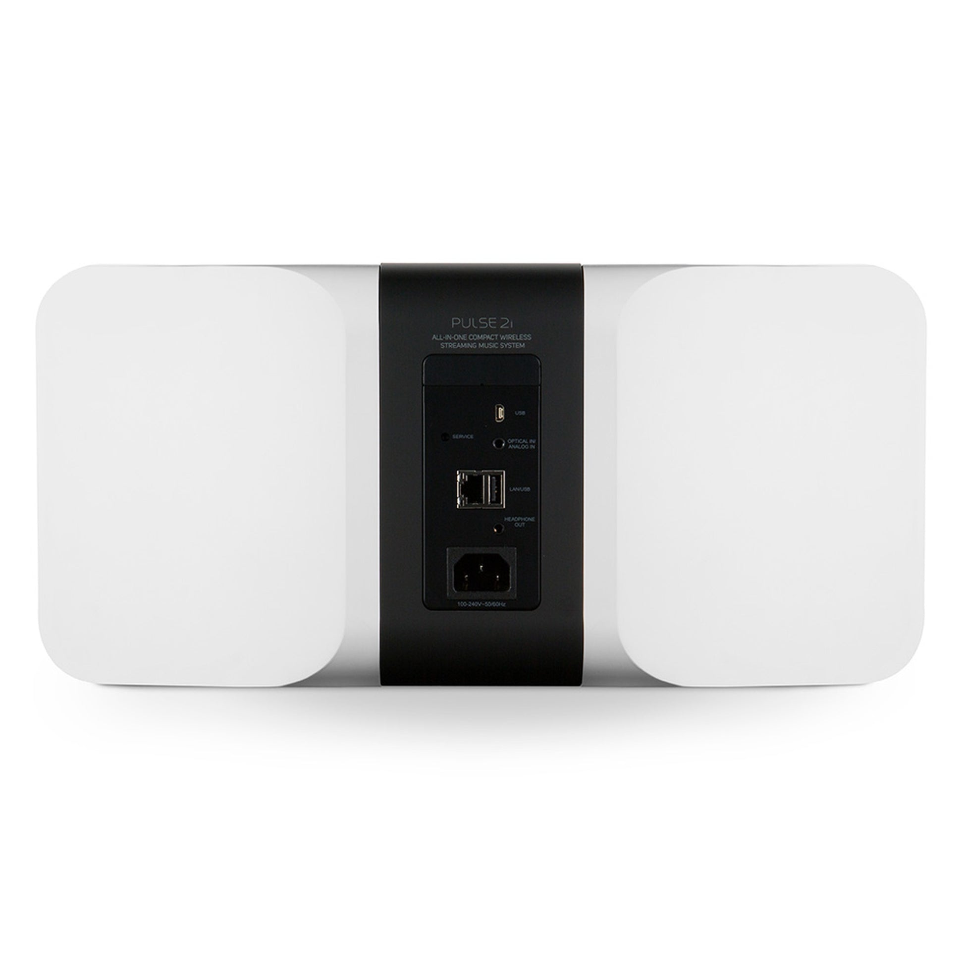 Bluesound Pulse 2i Streaming-Lautsprecher Weiss Rückansicht mit USB, Optical, LAN, Kopfhörerausgang und Netzanschluss