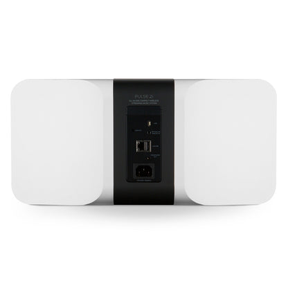 Bluesound Pulse 2i Streaming-Lautsprecher Weiss Rückansicht mit USB, Optical, LAN, Kopfhörerausgang und Netzanschluss