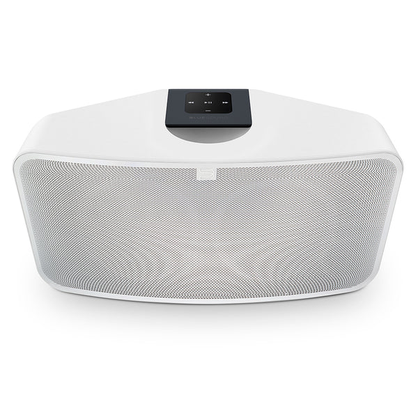 Bluesound Pulse 2i Streaming-Lautsprecher Weiss Schrägansicht von vorne oben mit Bedienfeld