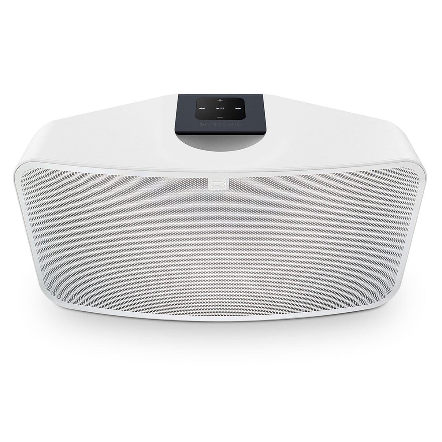 Bluesound Pulse 2i Streaming-Lautsprecher Weiss Schrägansicht von vorne oben mit Bedienfeld