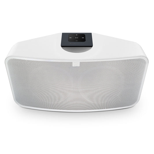 Bluesound Pulse 2i Streaming-Lautsprecher Weiss Schrägansicht von vorne oben mit Bedienfeld