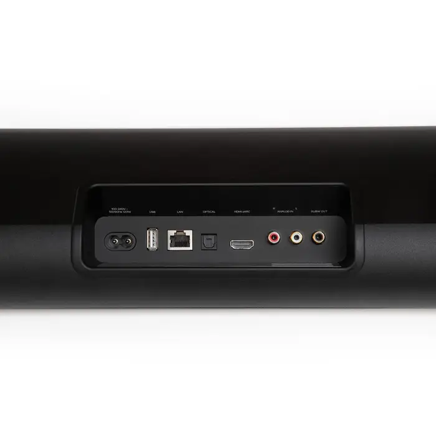 Bluesound Pulse Cinema Soundbar Schwarz Anschlussfeld mit Netz, USB, LAN, Optical, HDMI eARC und Cinch
