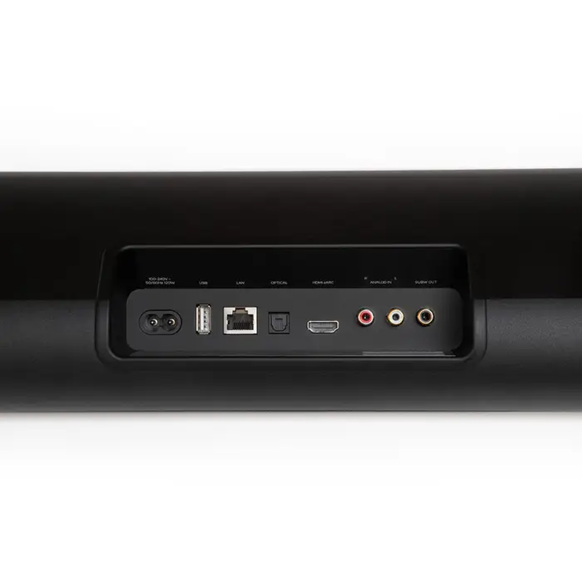 Bluesound Pulse Cinema Soundbar Schwarz Anschlussfeld mit Netz, USB, LAN, Optical, HDMI eARC und Cinch