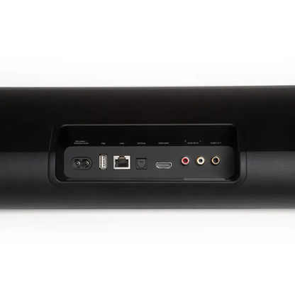 Bluesound Pulse Cinema Soundbar Schwarz Anschlussfeld mit Netz, USB, LAN, Optical, HDMI eARC und Cinch