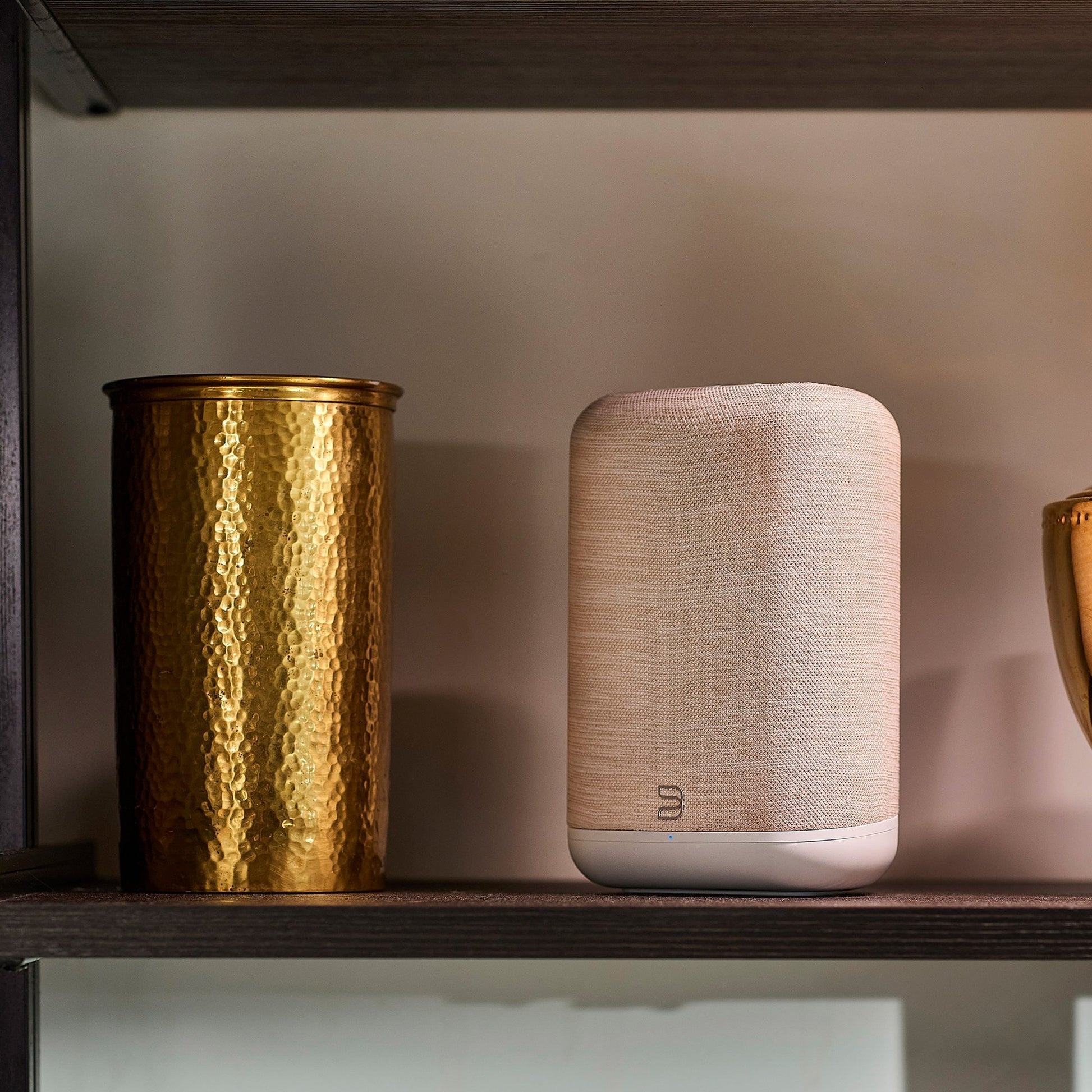 Bluesound Pulse Flex 2025 Streaming-Lautsprecher Beige Lifestyle im Regal neben Messingvase