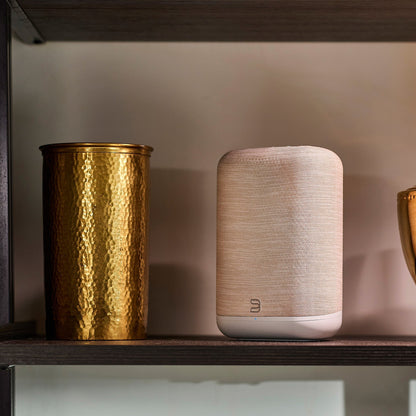 Bluesound Pulse Flex 2025 Streaming-Lautsprecher Beige Lifestyle im Regal neben Messingvase