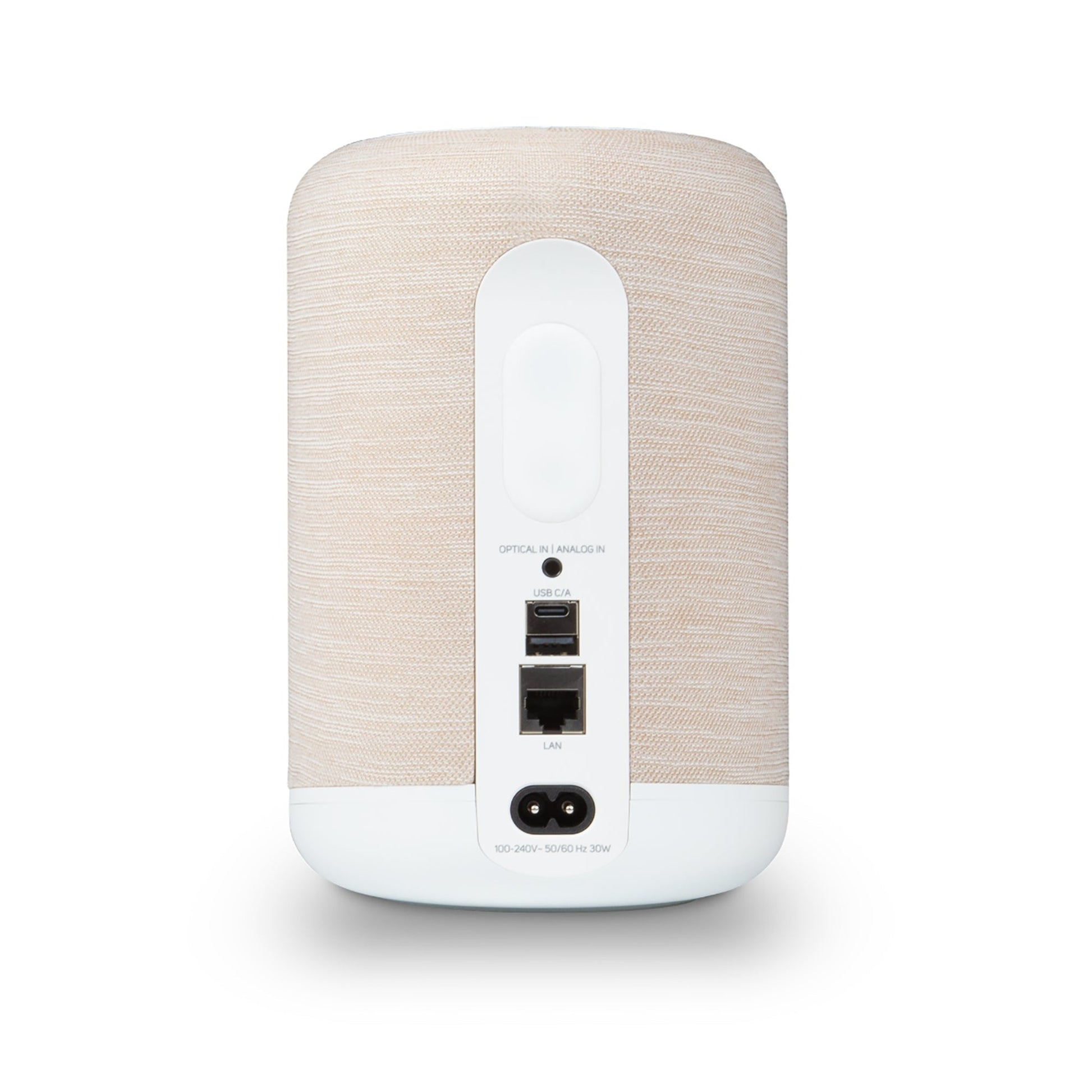 Bluesound Pulse Flex 2025 Streaming-Lautsprecher Beige Rückansicht mit Optical-, Analog-, USB-C- und LAN-Anschluss