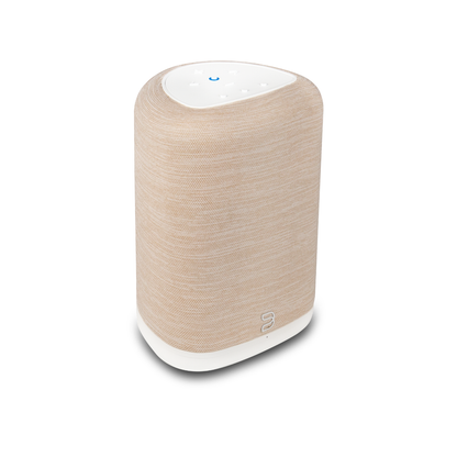 Bluesound Pulse Flex 2025 Streaming-Lautsprecher Beige Schrägansicht von links oben mit Stoffbespannung