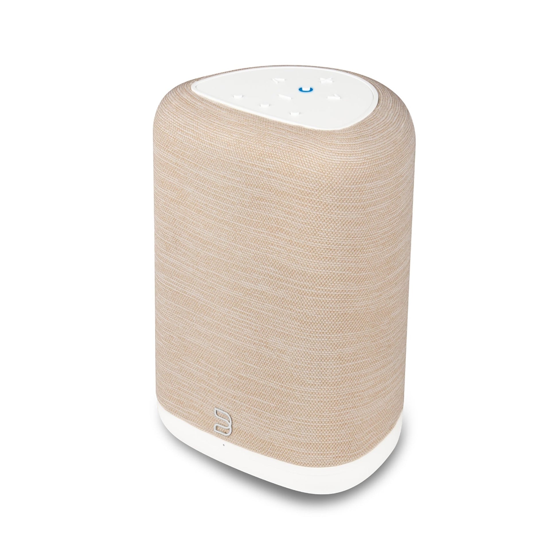 Bluesound Pulse Flex 2025 Streaming-Lautsprecher Beige Schrägansicht von rechts oben mit Touch-Bedienfeld
