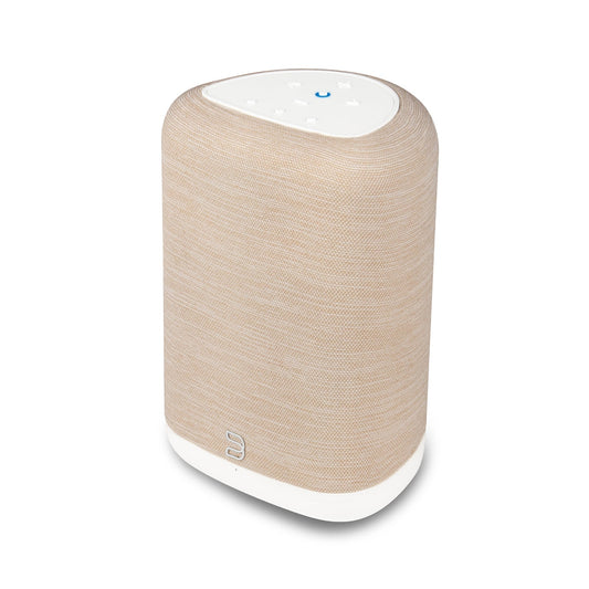 Bluesound Pulse Flex 2025 Streaming-Lautsprecher Beige Schrägansicht von rechts oben mit Touch-Bedienfeld