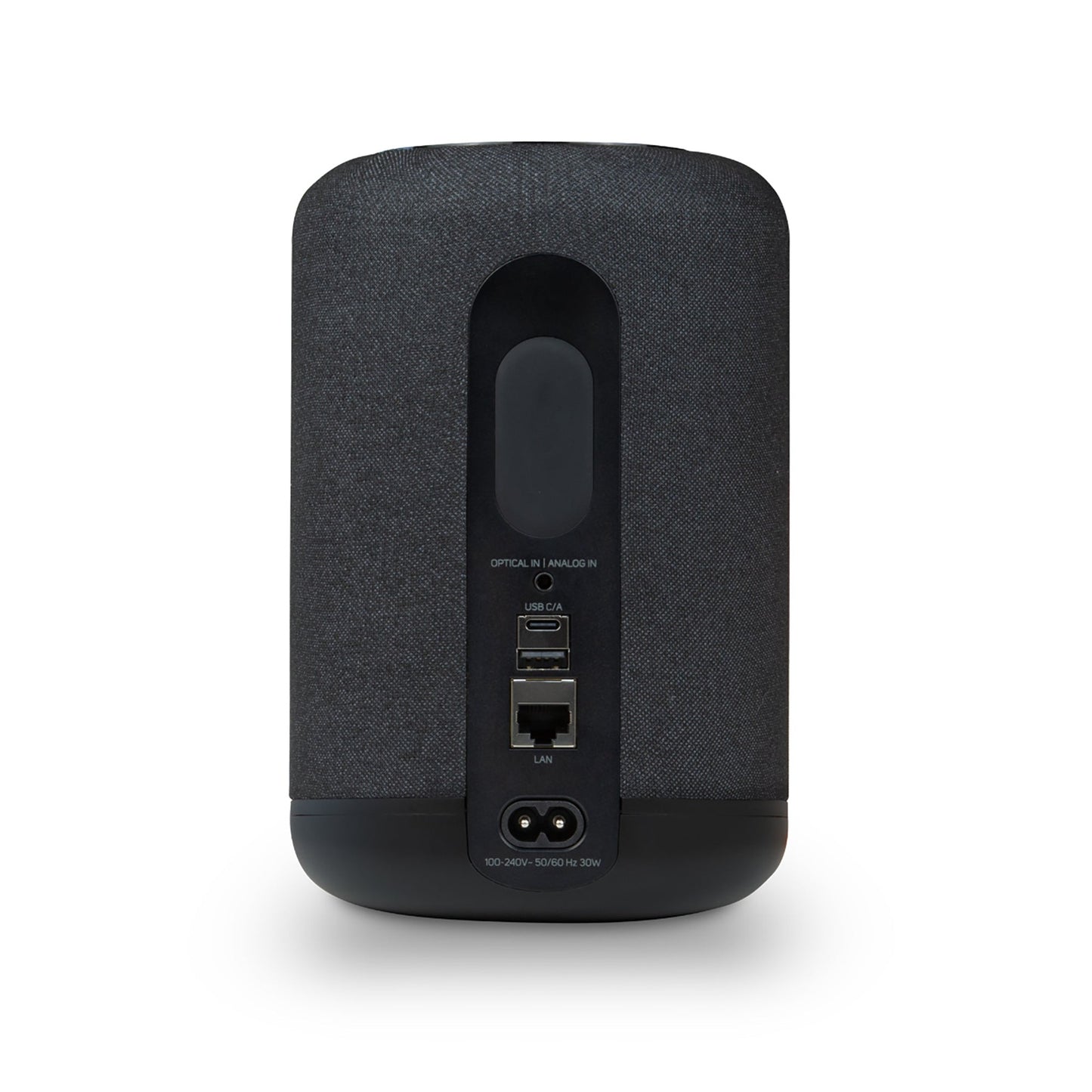 Bluesound Pulse Flex 2025 Streaming-Lautsprecher Schwarz Rückansicht mit Optical-, Analog-, USB-C- und LAN-Anschluss