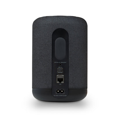 Bluesound Pulse Flex 2025 Streaming-Lautsprecher Schwarz Rückansicht mit Optical-, Analog-, USB-C- und LAN-Anschluss