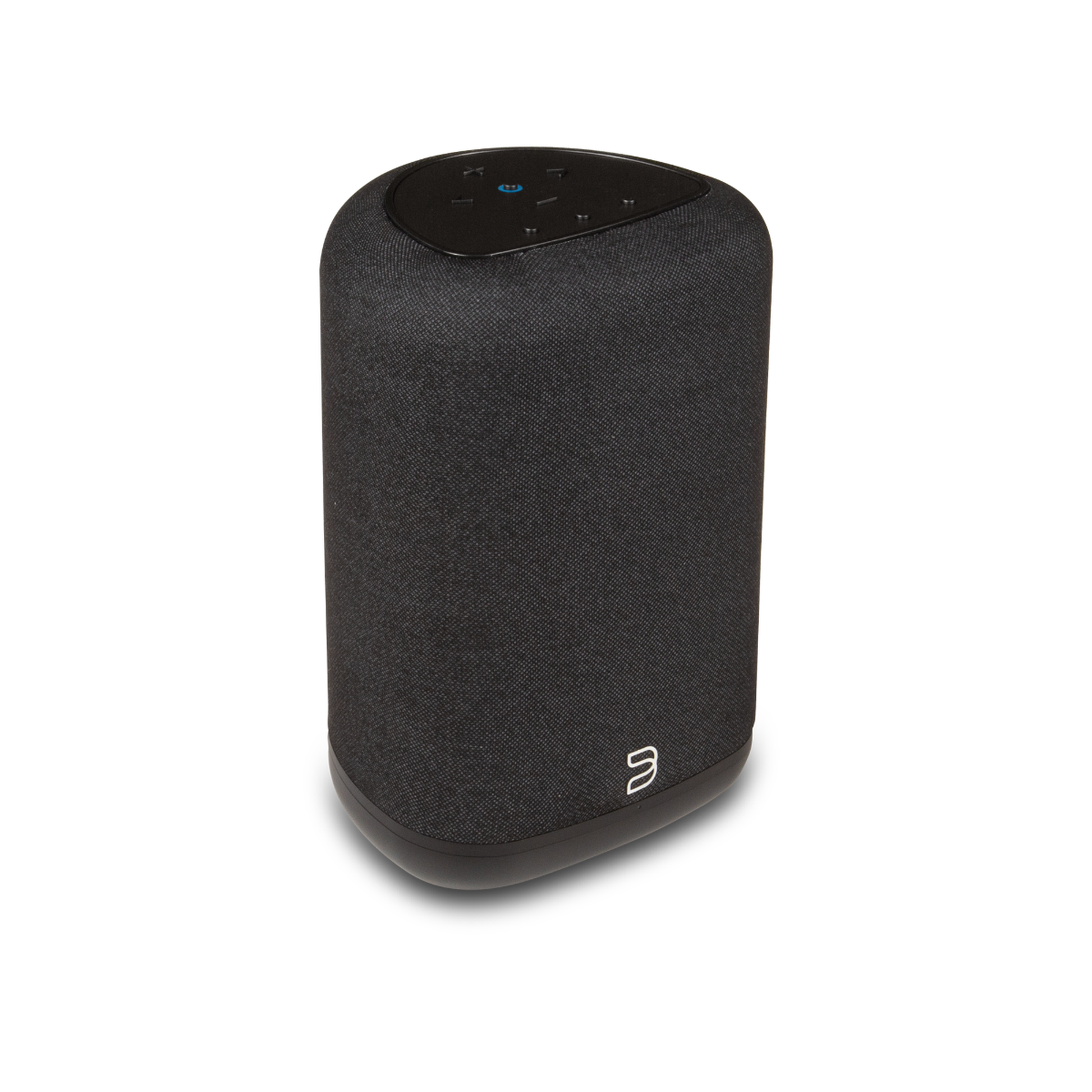 Bluesound Pulse Flex 2025 Streaming-Lautsprecher Schwarz Schrägansicht von links oben mit Touch-Bedienfeld