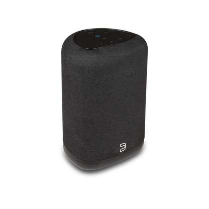 Bluesound Pulse Flex 2025 Streaming-Lautsprecher Schwarz Schrägansicht von links oben mit Touch-Bedienfeld