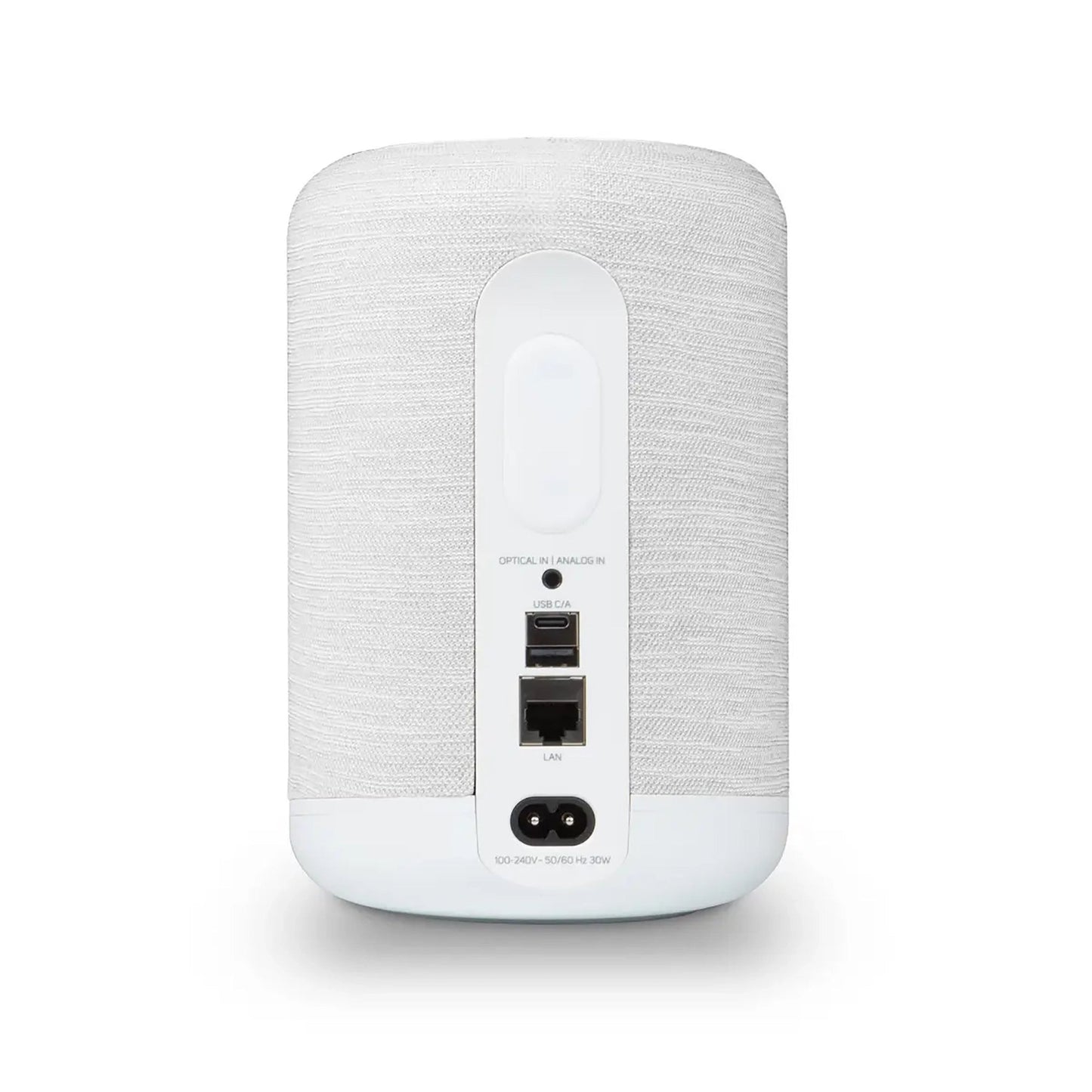 Bluesound Pulse Flex 2025 Streaming-Lautsprecher Weiss Rückansicht mit Optical-, Analog-, USB-C- und LAN-Anschluss