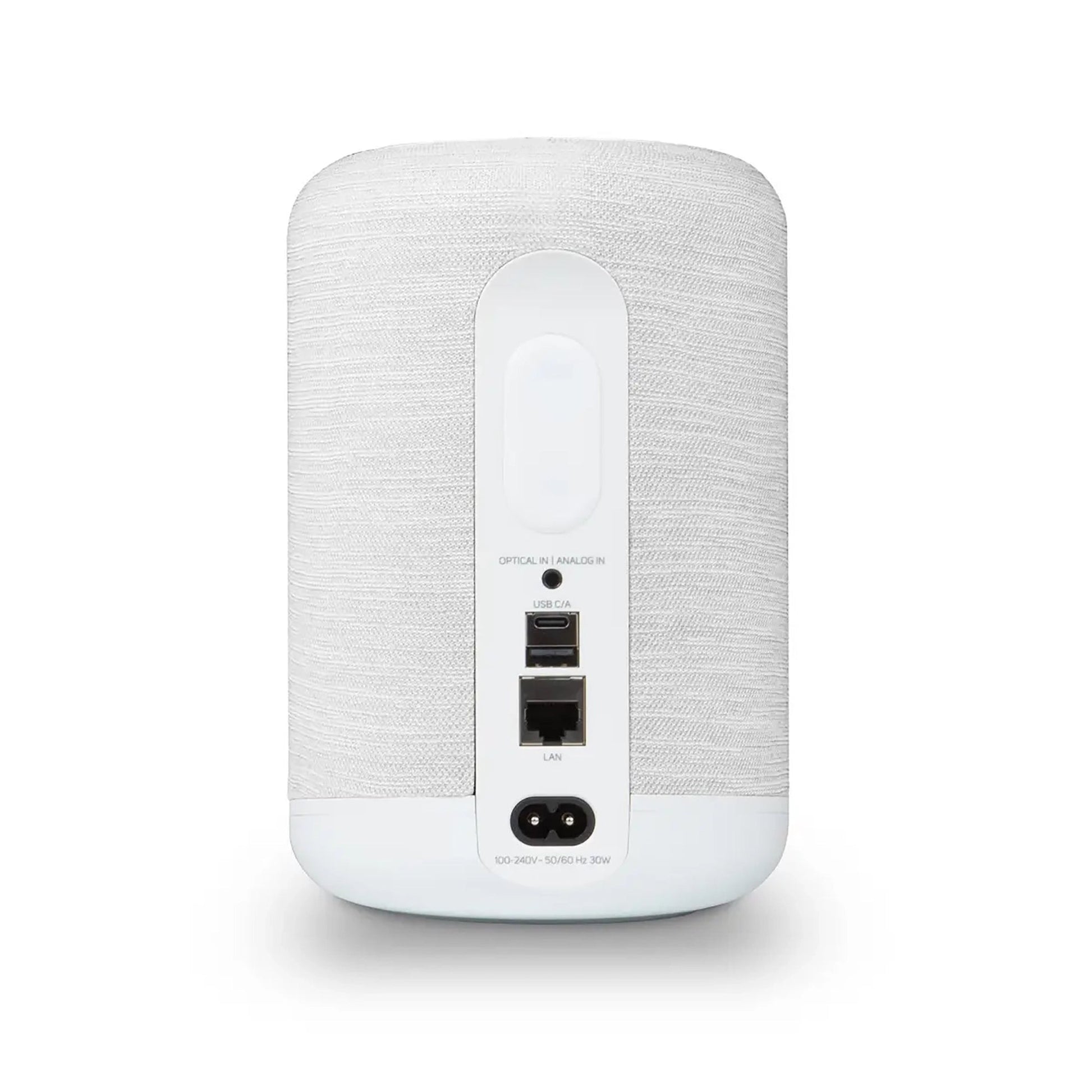 Bluesound Pulse Flex 2025 Streaming-Lautsprecher Weiss Rückansicht mit Optical-, Analog-, USB-C- und LAN-Anschluss
