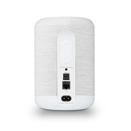 Bluesound Pulse Flex 2025 Streaming-Lautsprecher Weiss Rückansicht mit Optical-, Analog-, USB-C- und LAN-Anschluss