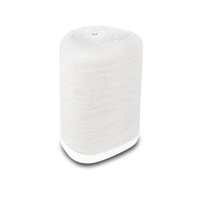 Bluesound Pulse Flex 2025 Streaming-Lautsprecher Weiss Schrägansicht von links oben mit Stoffbespannung