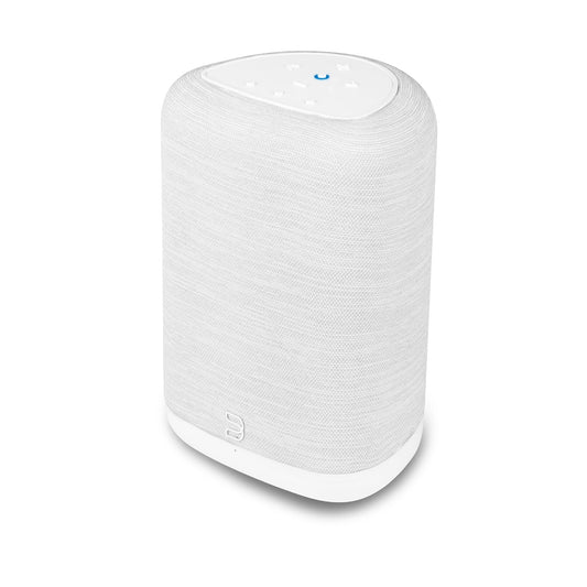Bluesound Pulse Flex 2025 Streaming-Lautsprecher Weiss Schrägansicht von rechts oben mit Touch-Bedienfeld