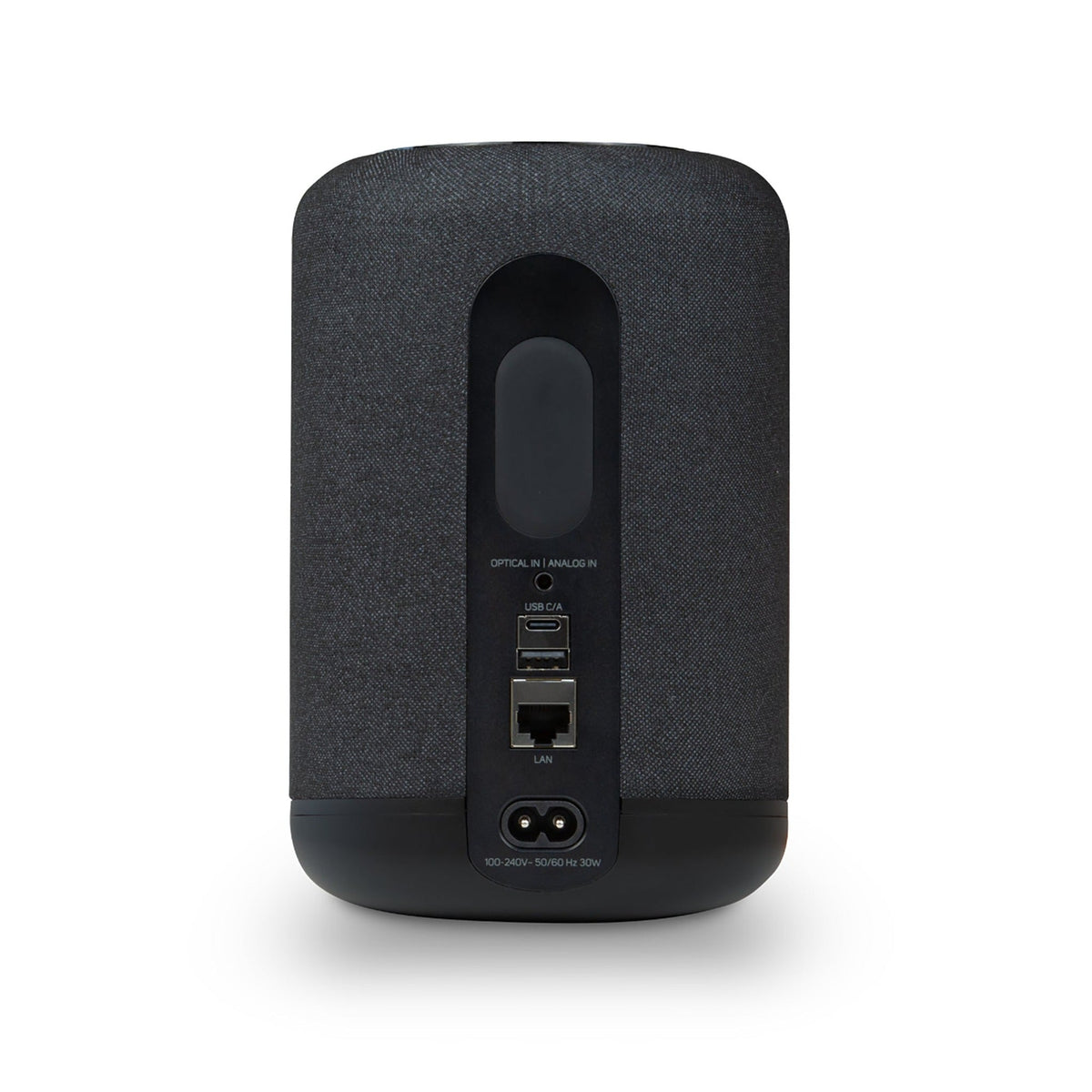 Bluesound Pulse Flex P130 Streaming-Lautsprecher Schwarz Rückansicht mit Optical-, Analog-, USB-C- und LAN-Anschluss