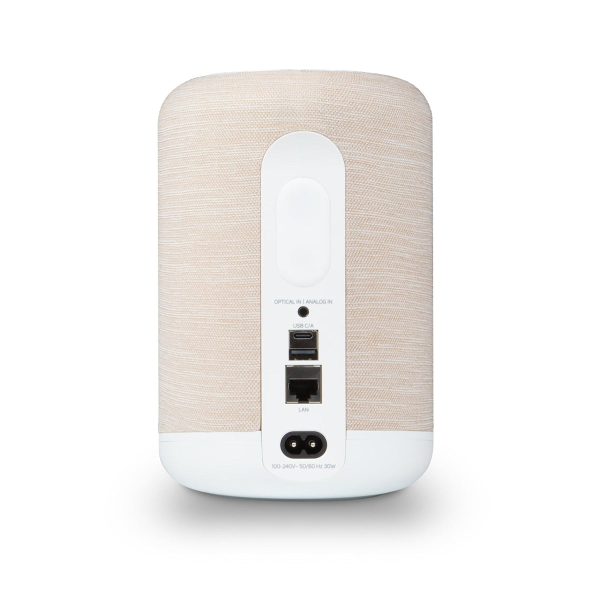 Bluesound Pulse Flex P130 Streaming-Lautsprecher Tan Rückansicht mit Optical-, Analog-, USB-C- und LAN-Anschluss