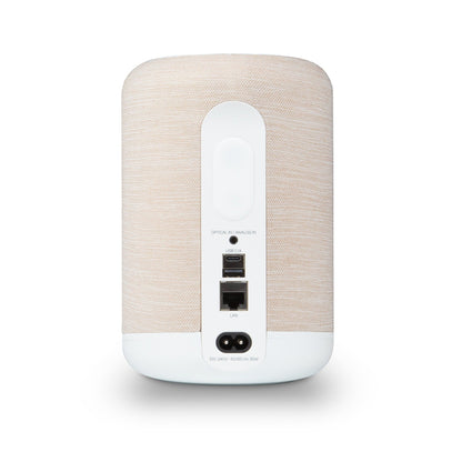 Bluesound Pulse Flex P130 Streaming-Lautsprecher Tan Rückansicht mit Optical-, Analog-, USB-C- und LAN-Anschluss