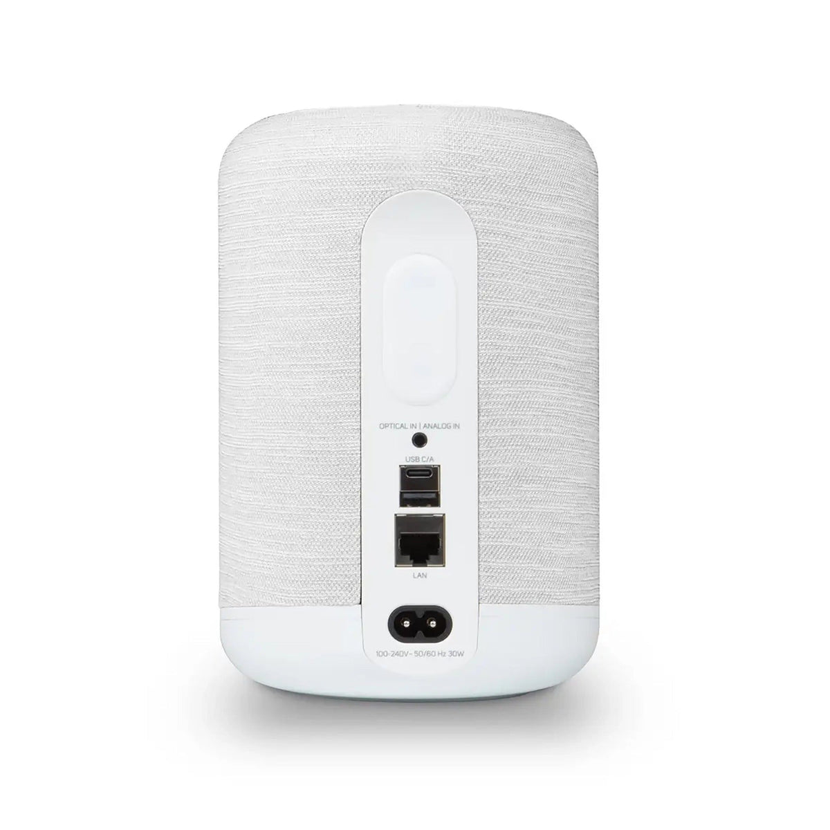 Bluesound Pulse Flex P130 Streaming-Lautsprecher Weiss Rückansicht mit Optical-, Analog-, USB-C- und LAN-Anschluss