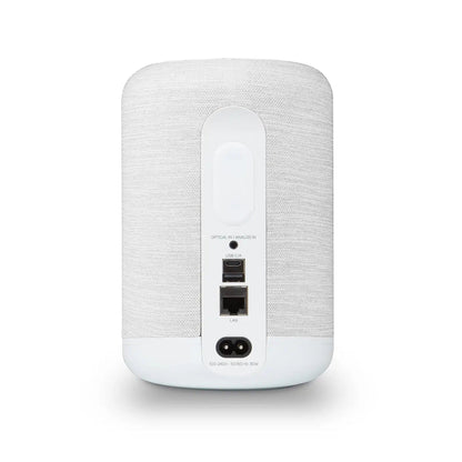 Bluesound Pulse Flex P130 Streaming-Lautsprecher Weiss Rückansicht mit Optical-, Analog-, USB-C- und LAN-Anschluss